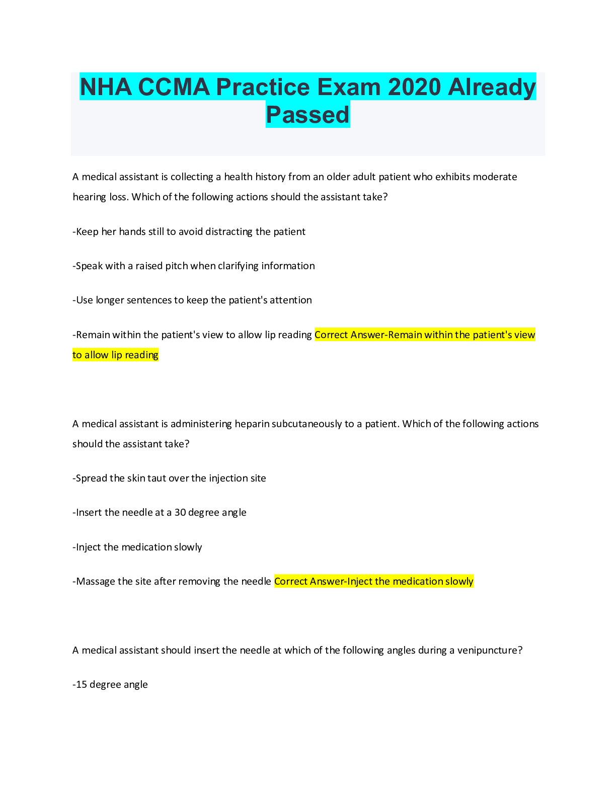 CCMA Exam Prep (NHA) Questions and Answers Rated A - Browsegrades